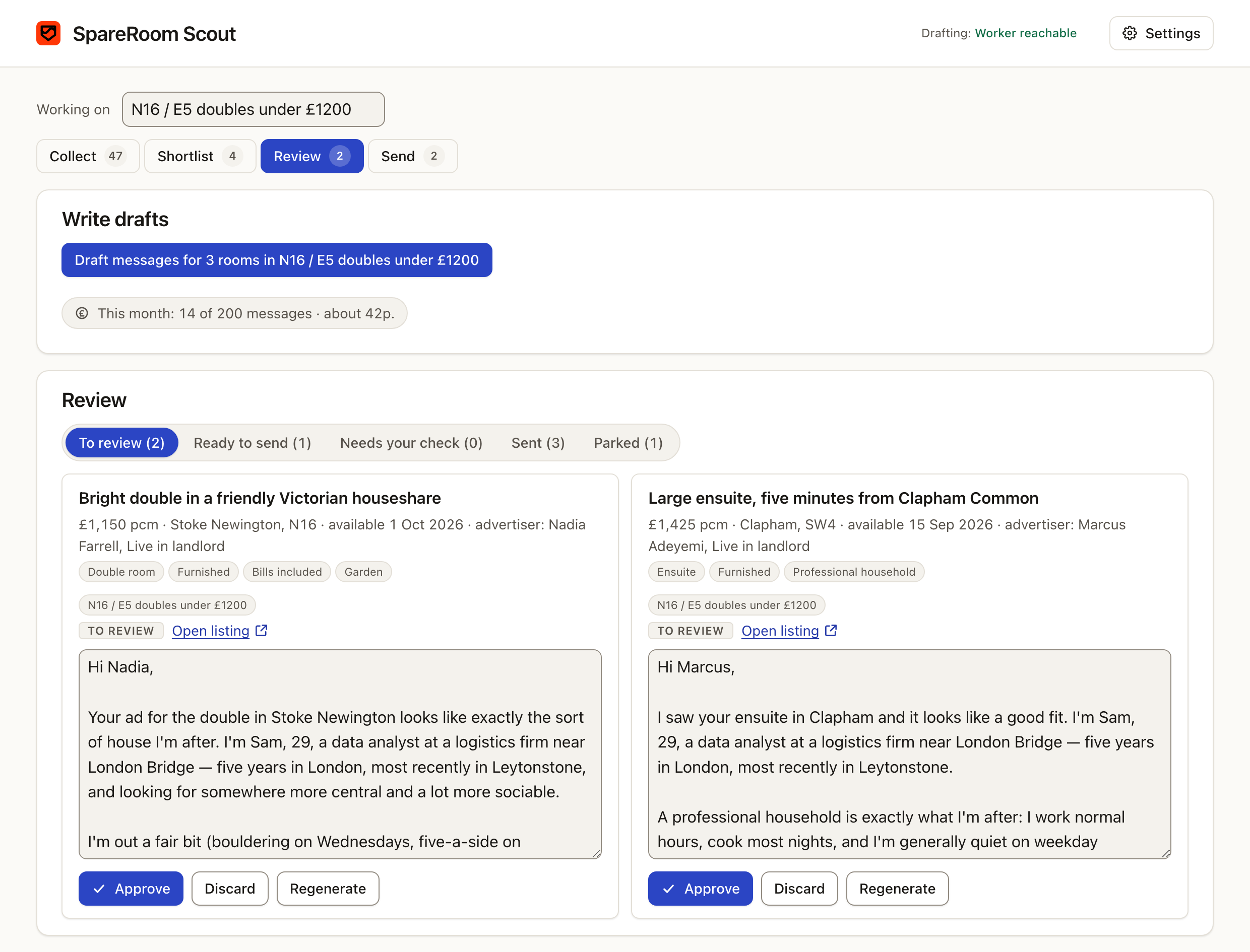 The Review screen of the SpareRoom Scout dashboard.