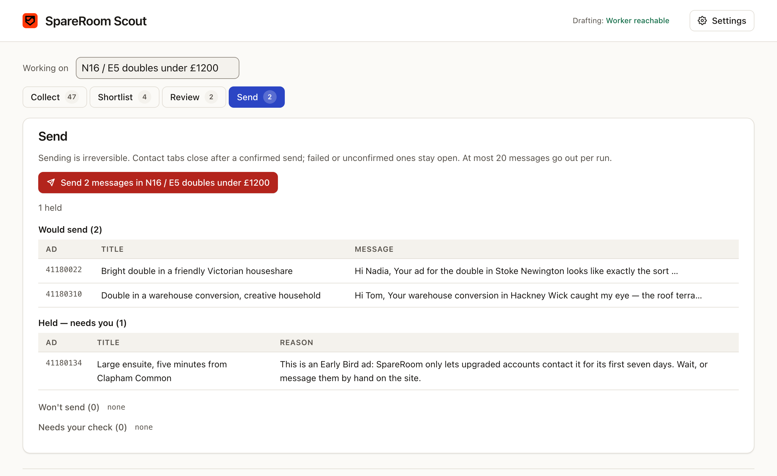 The Send screen of the SpareRoom Scout dashboard.