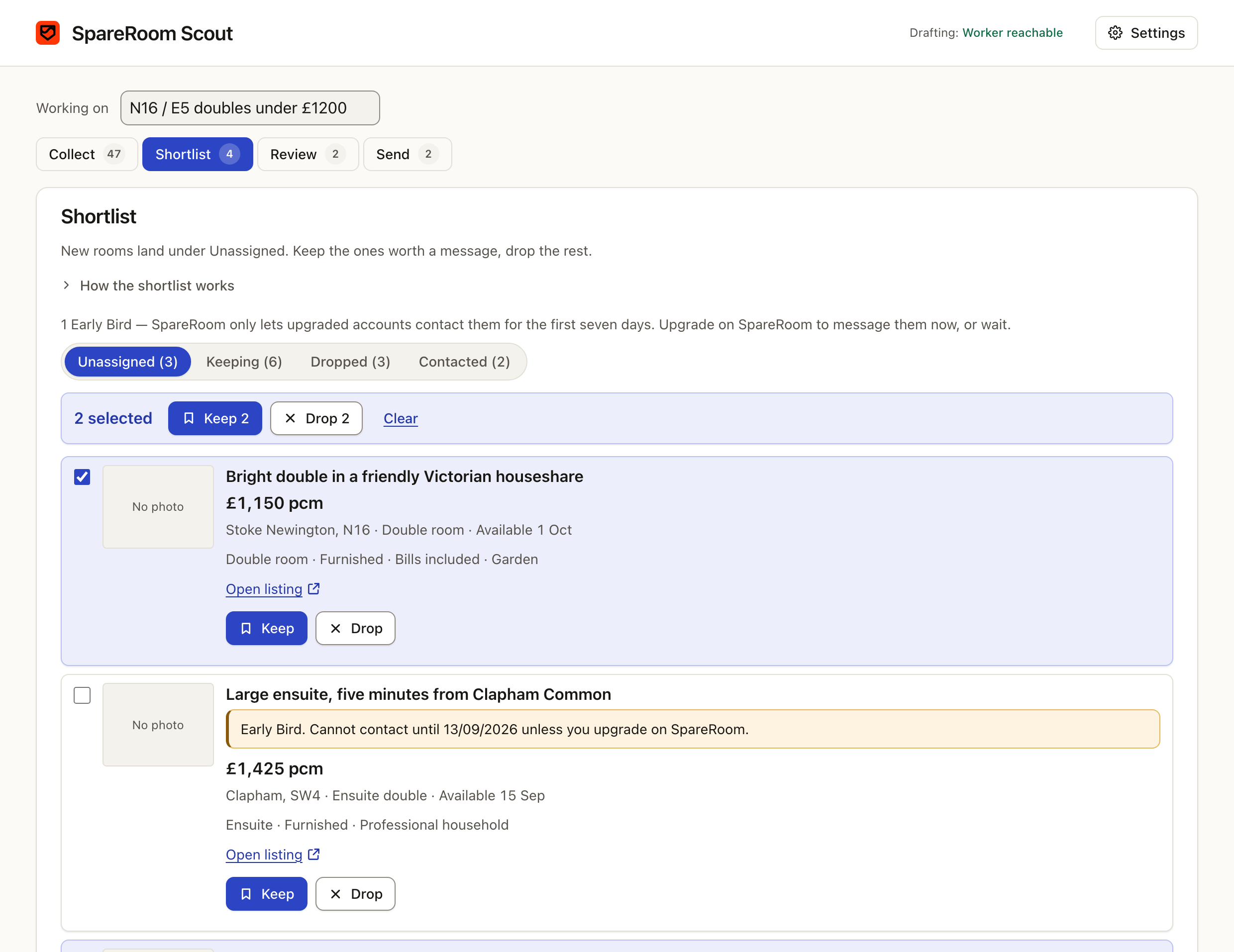The Shortlist screen of the SpareRoom Scout dashboard.