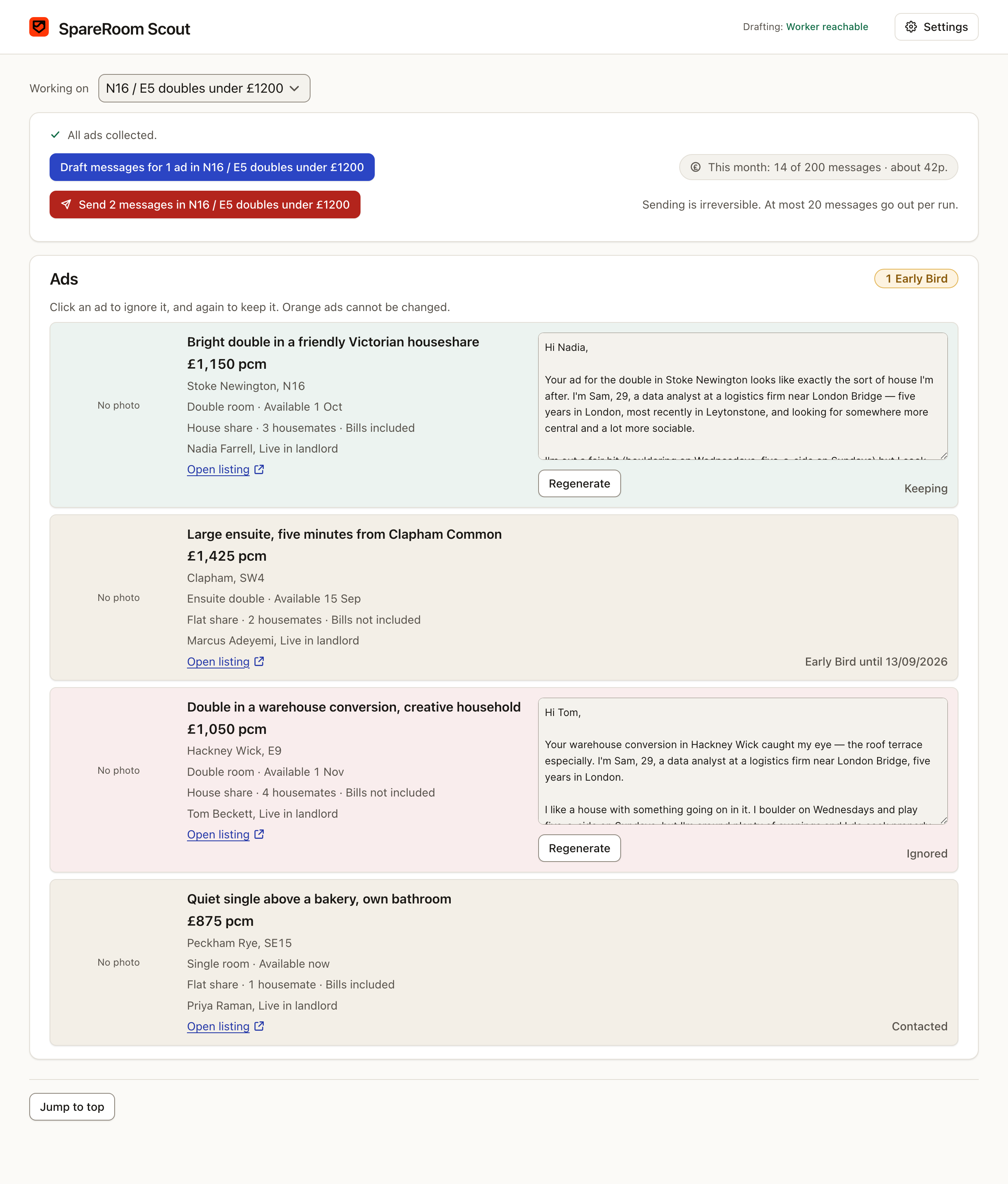 The SpareRoom Scout dashboard: one panel of three step rows above one list of every ad, each shaded green to keep, red to ignore, or orange for the ones that cannot be changed.
